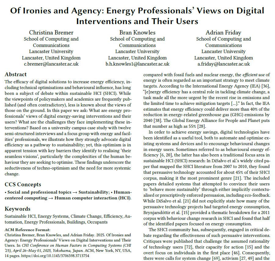 A screenshot of a CHI 2025 paper titled "Of Ironies and Agency: Energy Professionals’ Views on Digital Interventions and Their Users" and co-authored by Christina Bremer, Bran Knowles and Adrian Friday at Lancaster University.