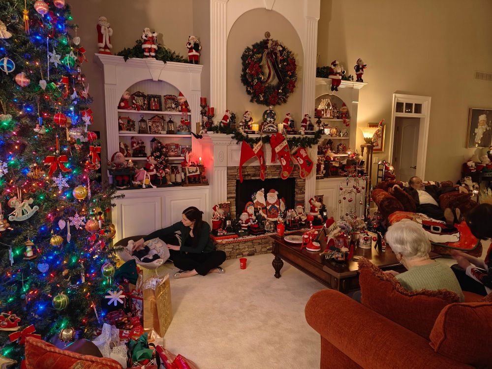 Family room decorated for Christmas.