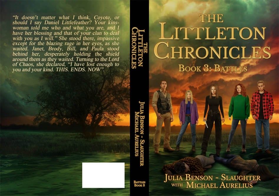 Cover for The Littleton Chronicles: Battles. Three women & two men standing in a semicircle behind the bodies of a man & woman lying on the ground. To the left is a single large tree. The background is a dark green-gray mountaintop with fiery orange peeking through the clouds on the horizon 