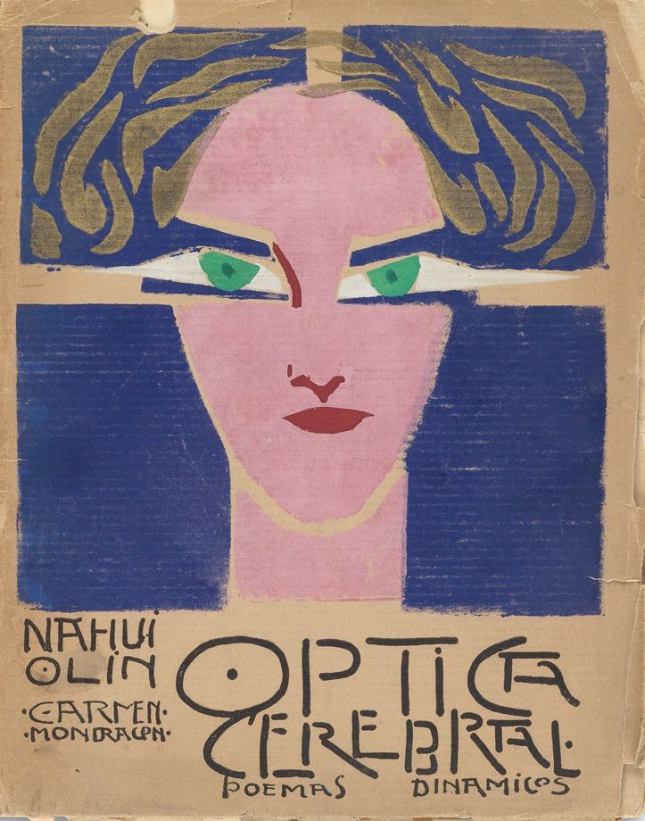 block-print illustrated bookcover of a pink-skinned woman with large green eyes. the poet's name and book title are printed in a stylized font.