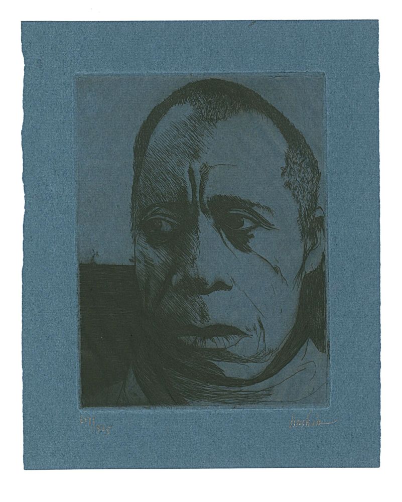 block print, black ink on blue paper, of the face of james baldwin.