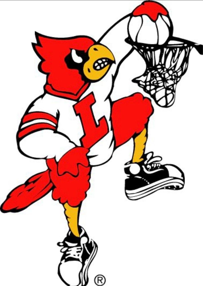 illustration of the university of louisville cardinal mascot wearing a white letterman sweater with a red L on thr front and black canvas sneakers on its feet dunking a basketball.
