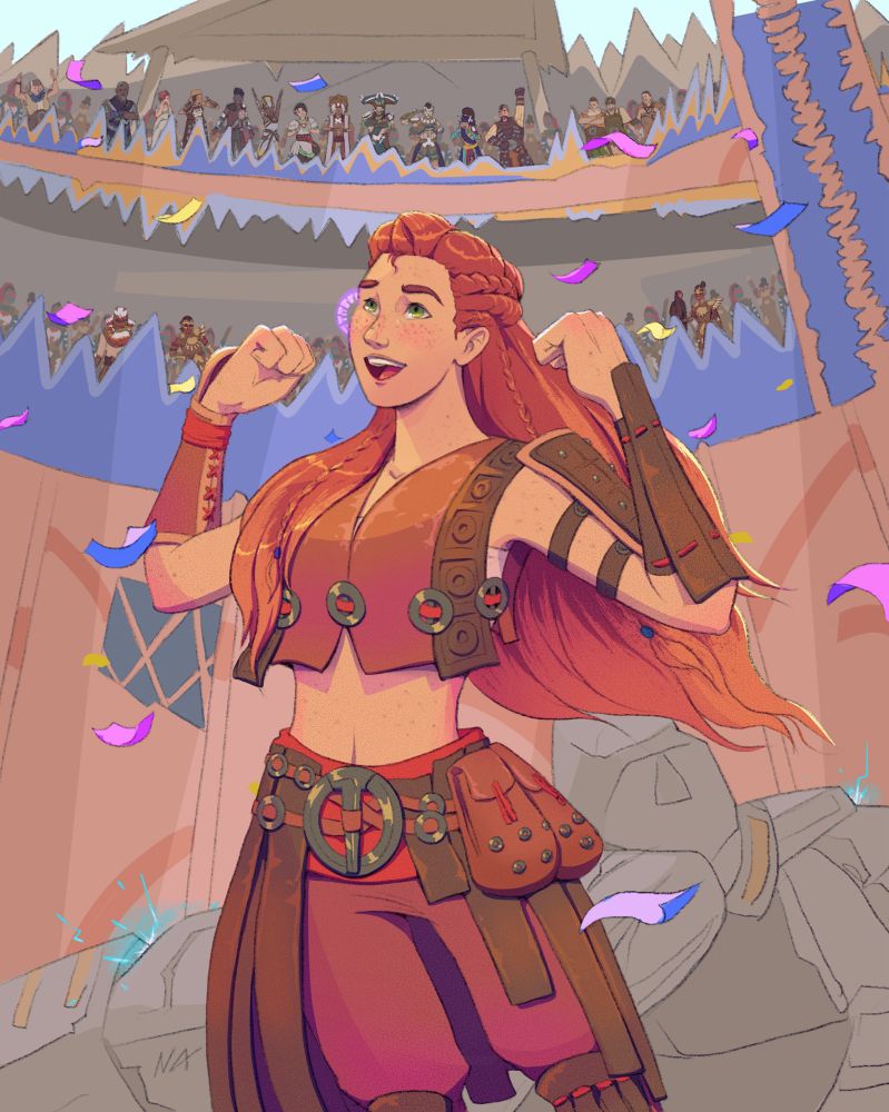 Aloy from Horizon celebrating another victory in the arena surrounded by all her friends. 