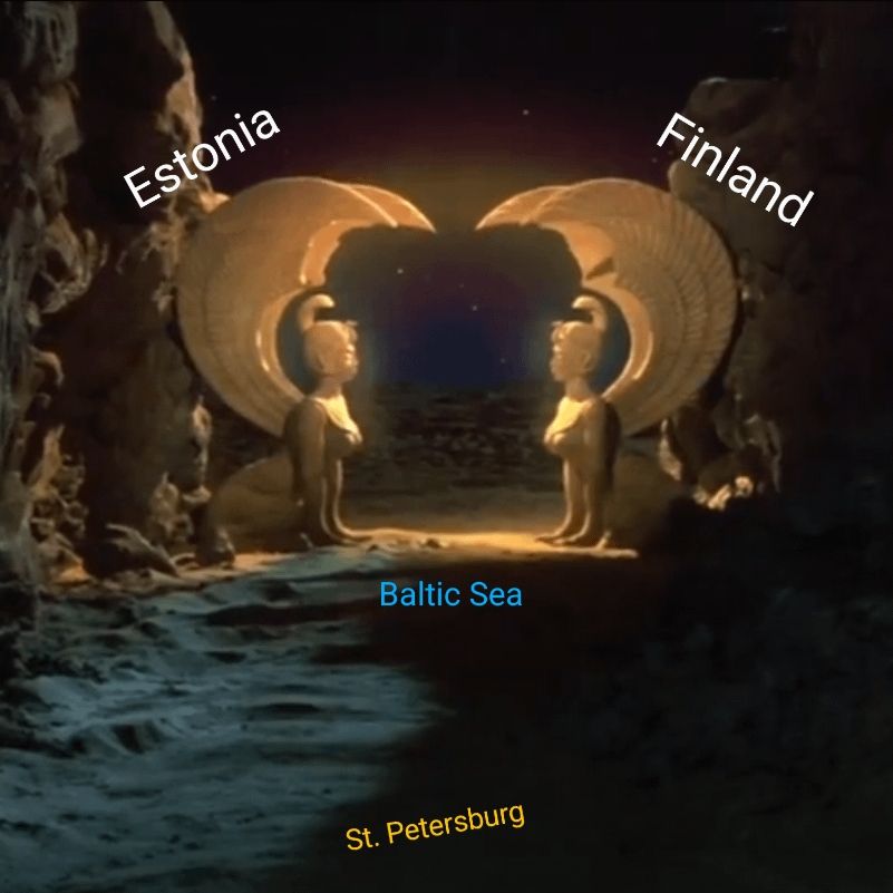 A screenshot of a photoshopped scene from a film called, "The Neverending Story." The original scene depicts the statues of the Sphinx Gate, which shoot lasers at anyone unworthy to pass through the gate. The edits show the words "Estonia" and "Finland" above the sphinxes, with the Baltic Sea between them, and St. Petersburg in the foreground, approaching the gate.