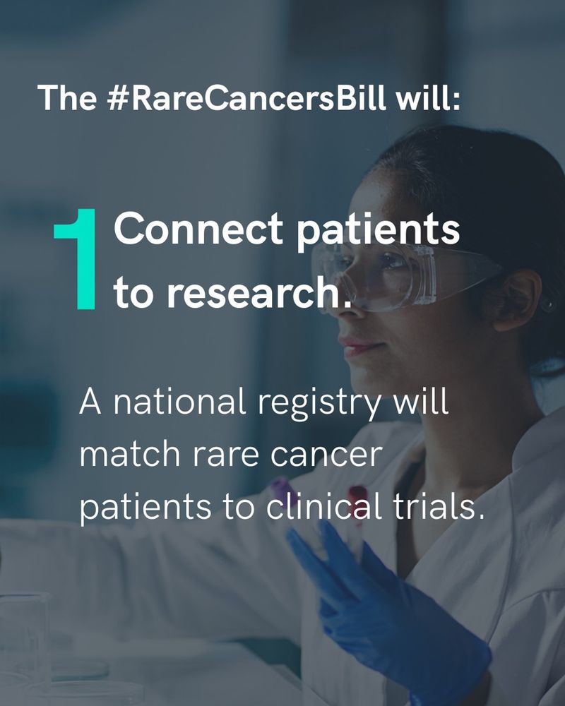 Text reads: "The #RareCancersBill will: Connect patients to research. A national registry will match rare cancer patients to clinical trials."