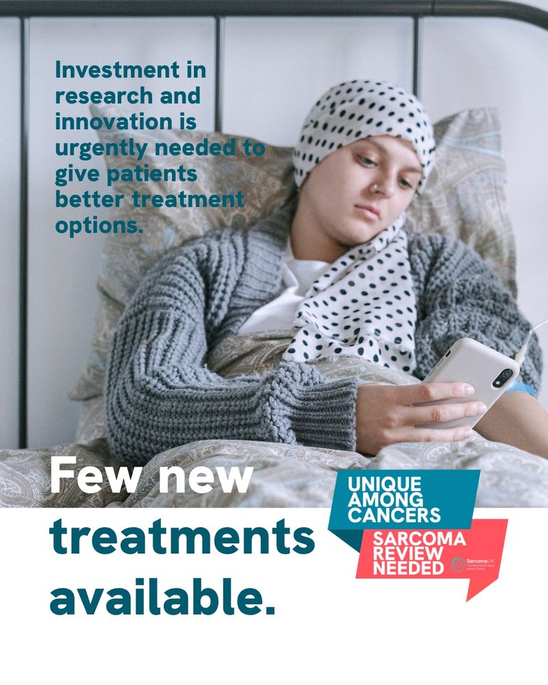 A person wearing a polka-dot headscarf and grey cardigan lies in bed holding a mobile phone, representing a patient during treatment. The text emphasises the need for research investment, stating "Few new treatments available" and calling for better treatment options for patients.