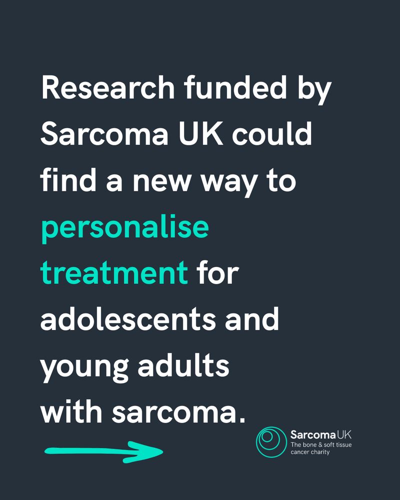 Text reads 'Research funded by Sarcoma UK could find a new way to personalise treatment for adolescents and young adults 
with sarcoma.'