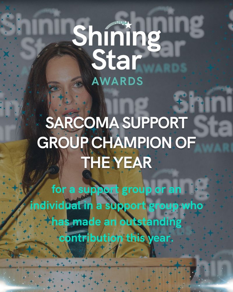 Photo of Kate Munday Hoctor. Text reads'Sarcoma Support Group Champion of the Year. for a support group or an individual in a support group who has made an outstanding contribution this year.'