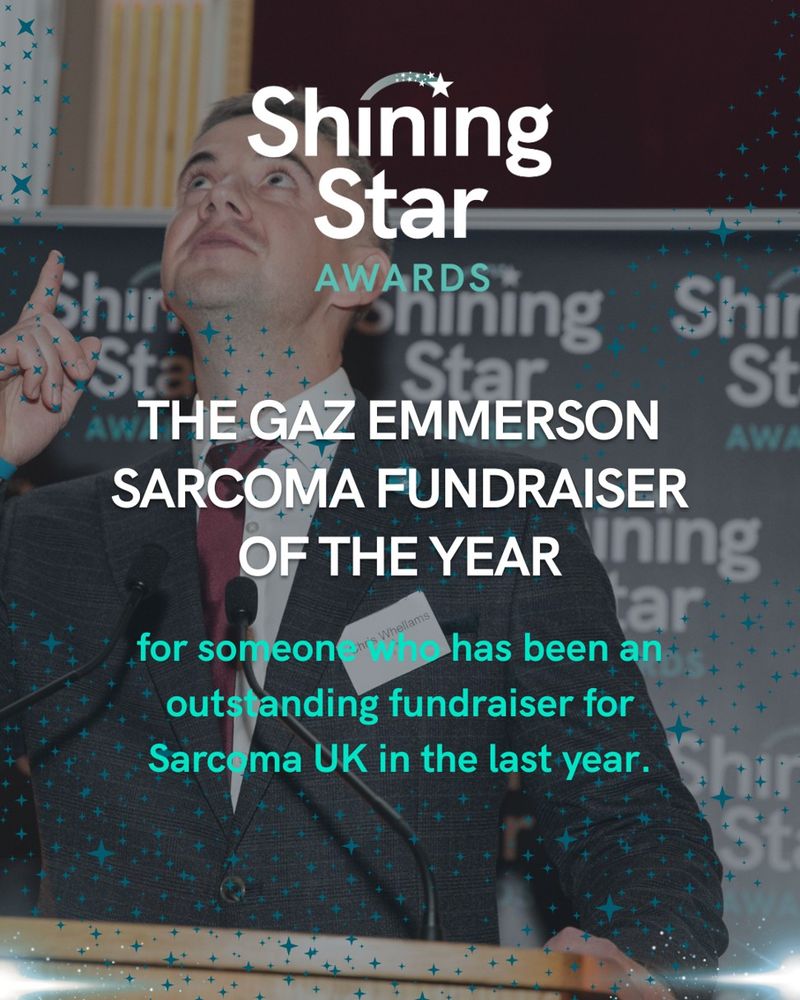 Photo of Chris Whellams pointing and looking up. Text reads 'The Gaz Emmerson Sarcoma Fundraiser of the Year. for someone who has been an outstanding fundraiser for Sarcoma UK.'