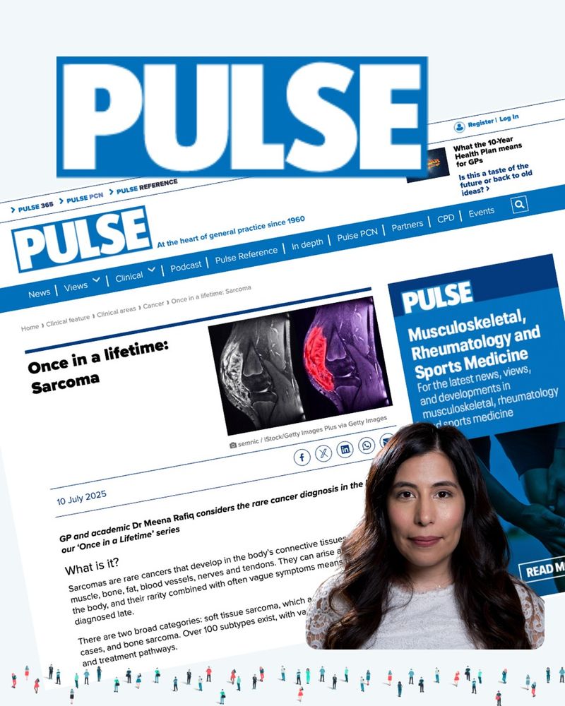 PULSE medical publication website showing "Once in a lifetime: Sarcoma" article by Dr Meena Rafiq, dated 10 July 2025. Features medical scans and information about this rare connective tissue cancer. Professional medical journalism layout with navigation menu.