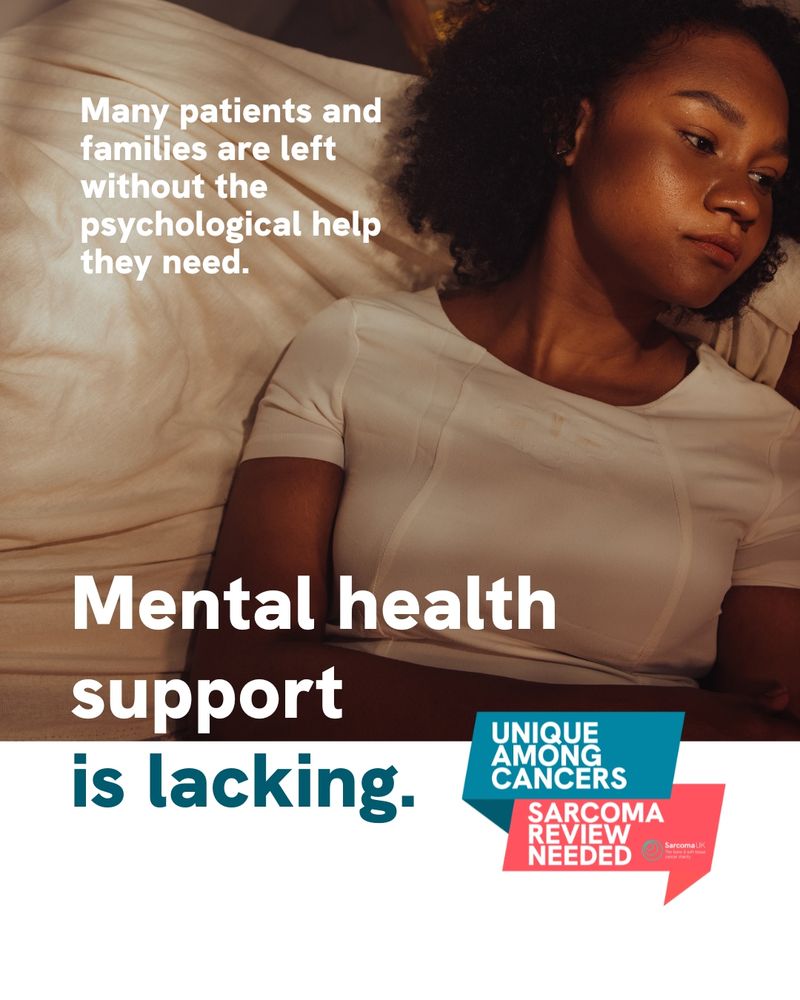 A young woman in a white top lies on white bedding, gazing upward with a contemplative expression. The image addresses psychological support gaps with text stating "Many patients and families are left without the psychological help they need" and "Mental health support is lacking."