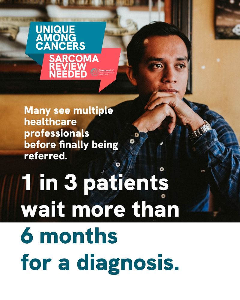 A thoughtful man in a blue checked shirt rests his chin on his hands against a warm, indoor background. The image conveys the lengthy diagnostic journey with text stating "Many see multiple healthcare professionals before finally being referred" and "1 in 3 patients wait more than 6 months for a diagnosis."