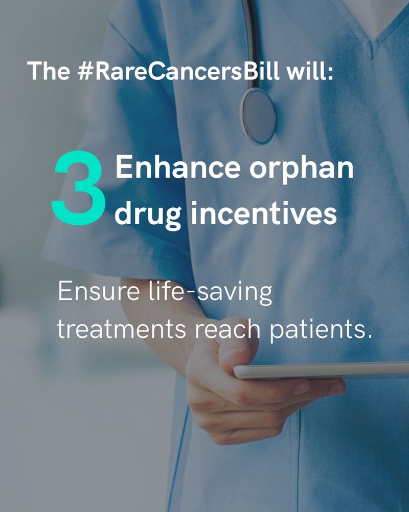 Text reads: "The #RareCancersBill will: Champion rare cancer research:Appoint a named person in each nation to provide leadership and advice for the delivery of rare cancer research.