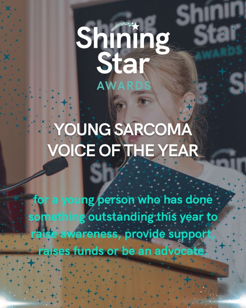 Photo of Amelie, text reads 'Young Sarcoma Voice of the Year. for a young person who has done something outstanding this year to raise awareness, provide support, raises funds or be an advocate.'