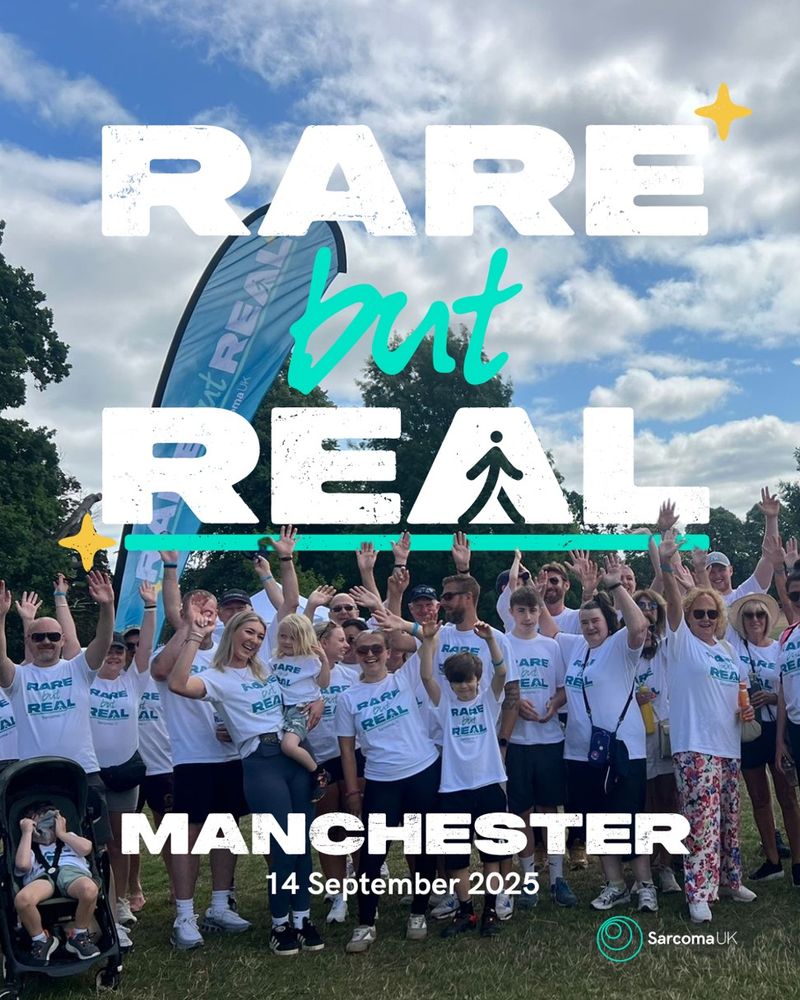 Graphic shows a group of people at Rare but Real Walk, all wearing white rare but real tops. The Rare but Real logo is behind them. Text reads 'Manchester 14 September 2025'