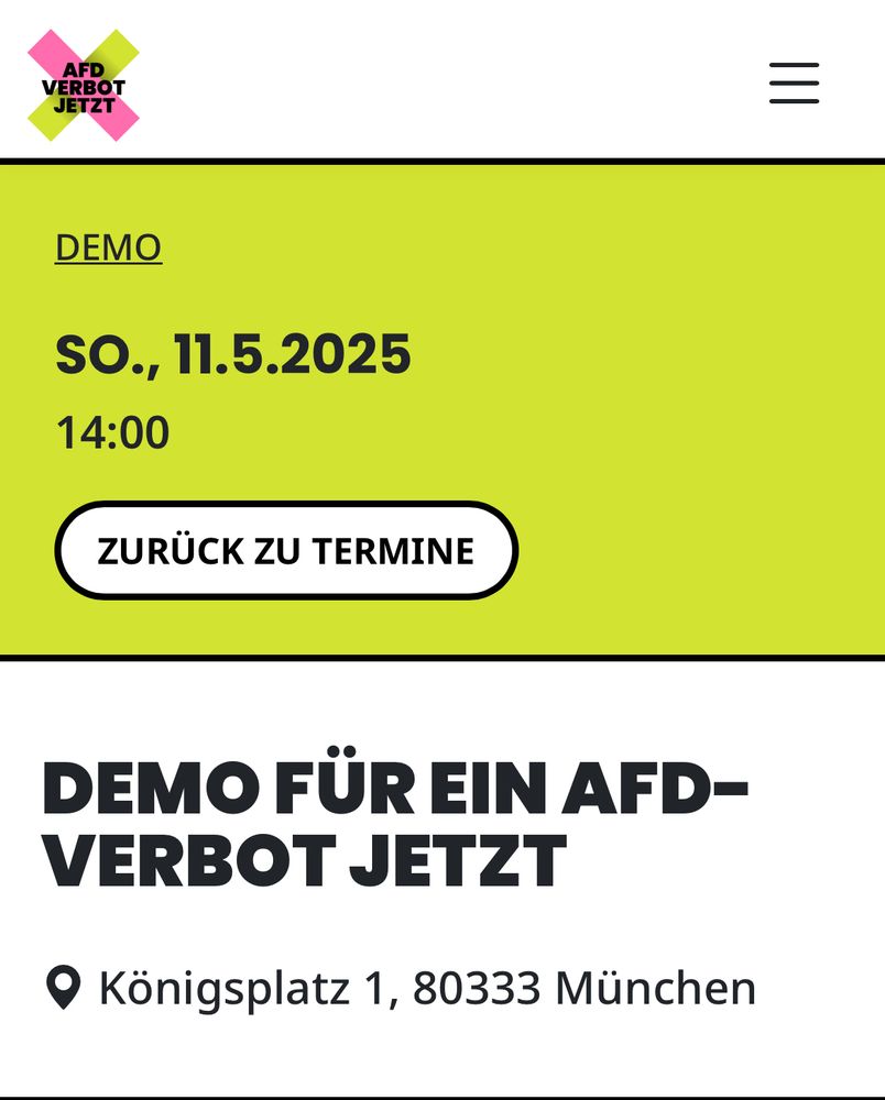 Sonntag, 11.5.2025 
Demo für ein AfD-Verbot jetzt
München Königsplatz