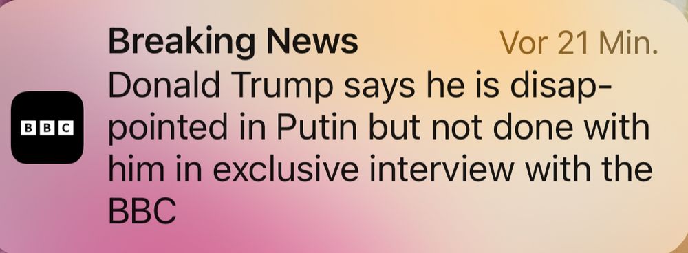 BBC Breaking News:
Donald Trump says he is disappointed in Putin but not done with him in exclusive interview with the BBC