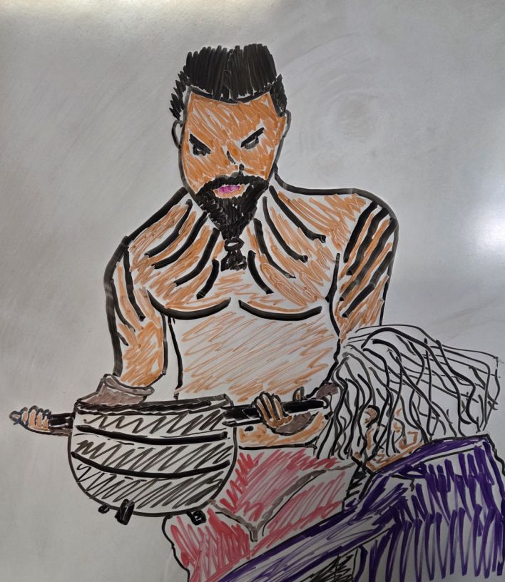A markerboard drawing of the scene from game of thrones where Khal Drogo pours molten gold onto the head of Viserys Targaryen.