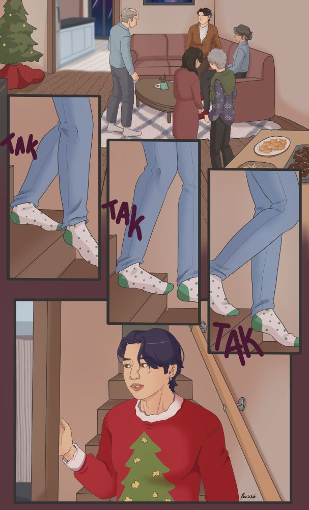 A neighbourhood gathering and the Jeon house to celebrate the holiday season. Panels show a bunch on people chatting in the living room, and JK coming down the stairs, wearing a festive red sweater with a Christmas tree, its too small on him. 