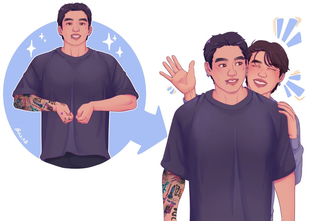 Two images. The first showing JK flexing his shoulder and chest muscles. The second showing JM popping out from behind him. 