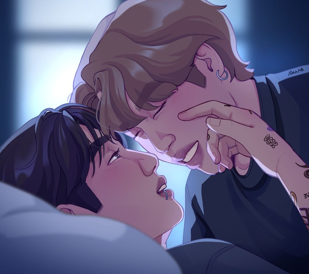 A drawing of Jikook laying on a bed, cropped close so its just their heads. JM smiling down at JK while JK smiles back, reaching a hand up to stroke JM's cheek. 