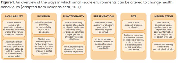Figure summarising the 6 main categories of interventions in the TIPPME framework: Availability, Position, Functionality, Presentation, Size, and Information