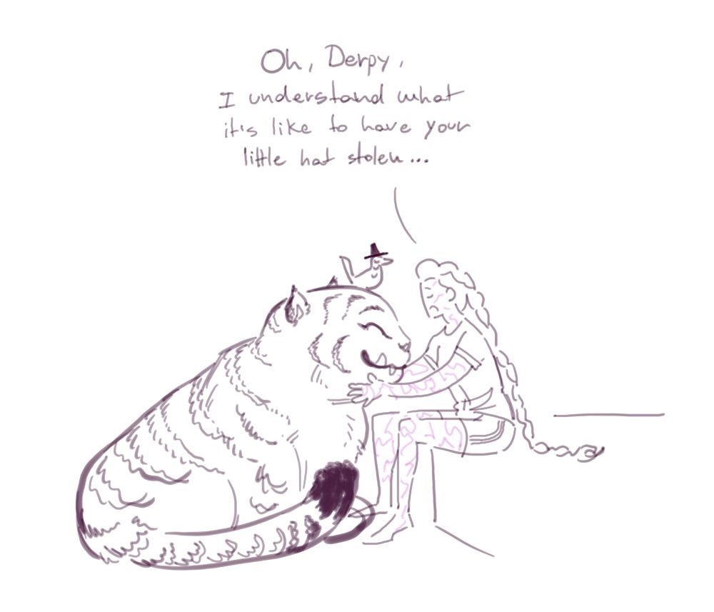 Now dressed and with her hair in her usual braid, Rumi sits at the foot of a bed while caressing Derpy the tiger's head. 

She says "Oh, Derpy, I understand what it's like to have your little hat stolen..." 

The tiger simply smiles, with the bird sitting on top of its head 