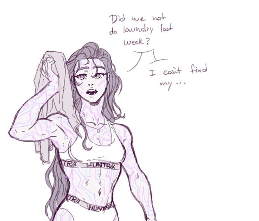 Rumi from Kpop Demon Hunters walks in, in her underwear and a towel in hand, drying her messy hear and says "Did we not do laundry last week? I can't find my..." 