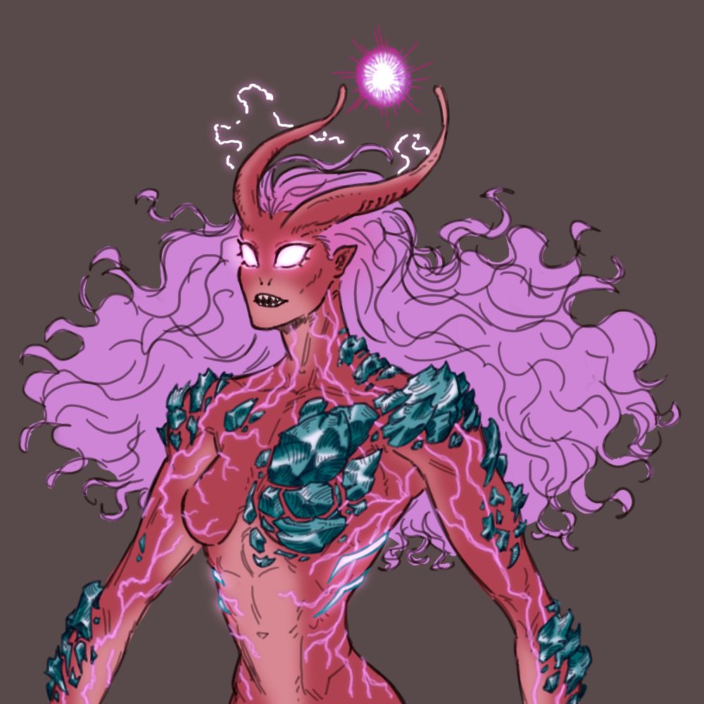 Predathos Imogen drawing from the waist up. She has red skin and her lightning markings glowing around her lithe but strong body, there's ruidian glass growing on her arms, shoulders and chest, she has a long head crest coming out of her forehead with a ball of energy on top of her head. Her eyes are glowing with no expression and her mouth is filled with sharp teeth, her long purple hair is floating around her 