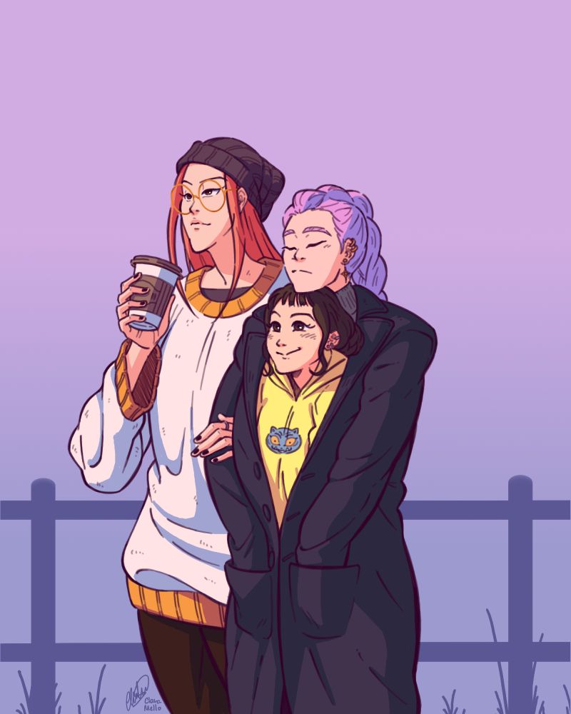 Digital drawing of the 3 main characters of Kpop Demon Hunters together. They're in warm clothing, Rumi has a big coat on and is holding Zoey inside it. Zoey looks happy while Rumi rests her chin on top of Zoey's head. Mira is holding onto Rumi's arm with on hand and is holding a warm drink in a to go cup in the other. 