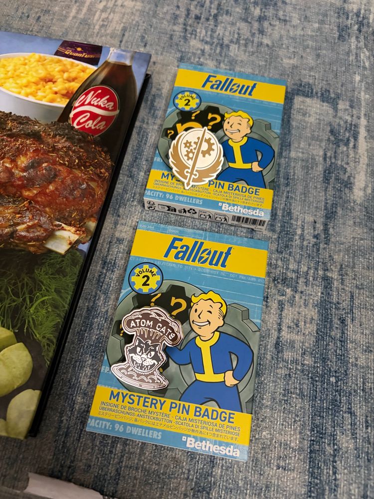Fallout series two mystery pins and got Atomic Cats and the Brotherhood of Steel pins. Also picked up the Fallout Cookbook for a deal. 