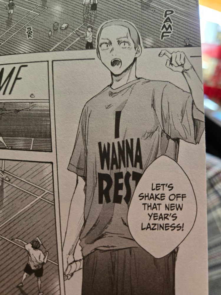 Drawing of a boy wearing a "U Wanna Rest" shirt