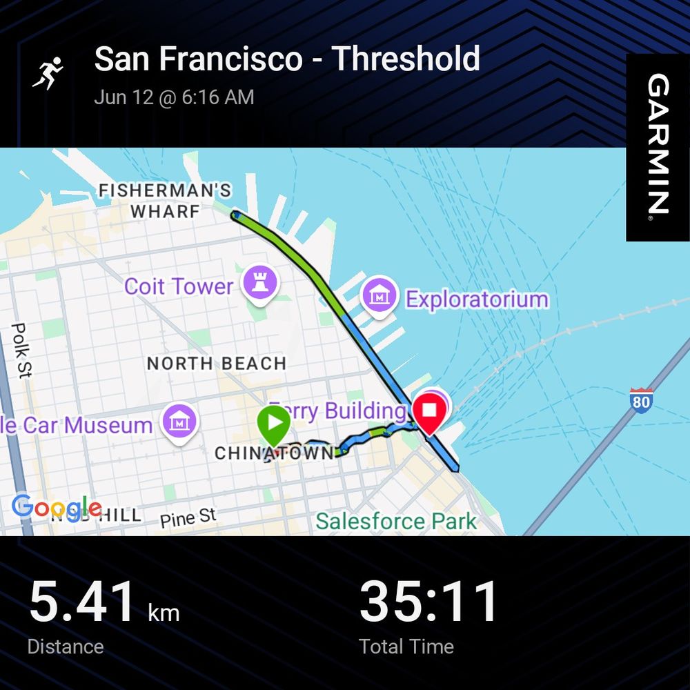 Garmin fitness tracker screenshot showing a 5.41 km run in San Francisco (from Fisherman's Wharf along the waterfront to near the Ferry Building) completed in 35:11 on June 12 at 6:16 AM.