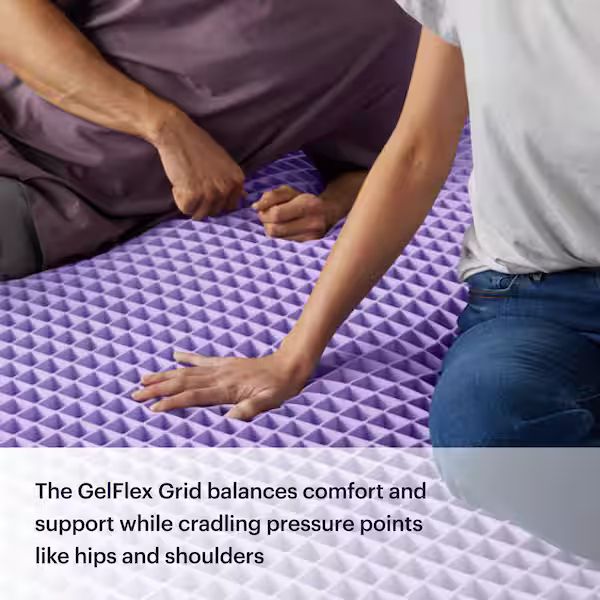 purple mattress copy w/ someone's hand on a grid material that looks similar in color to garm's hair 