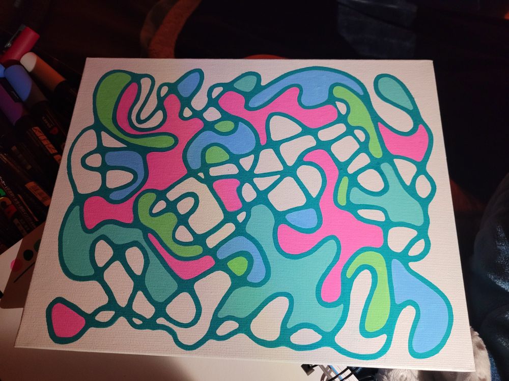art piece partially finished, outlined in teal. shapes are filled with blue, pink, seafoam, and green. some shapes are yet to be colored in. 