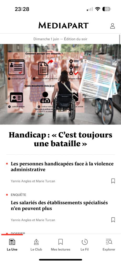 à la une de mediapart dimanche soir : deux articles concernant l'accès aux droits des personnes handicapées 