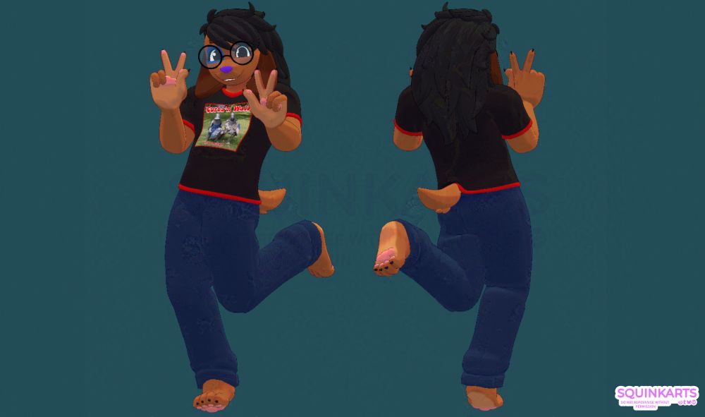 same anthro dog man as before, but with a front and back view of the model. He wears a black shirt with a band on it, and blue pants