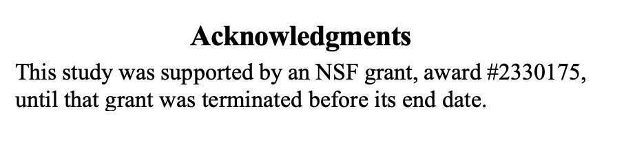 Picture of paper acknowledgment text noting a grant’s premature termination  
