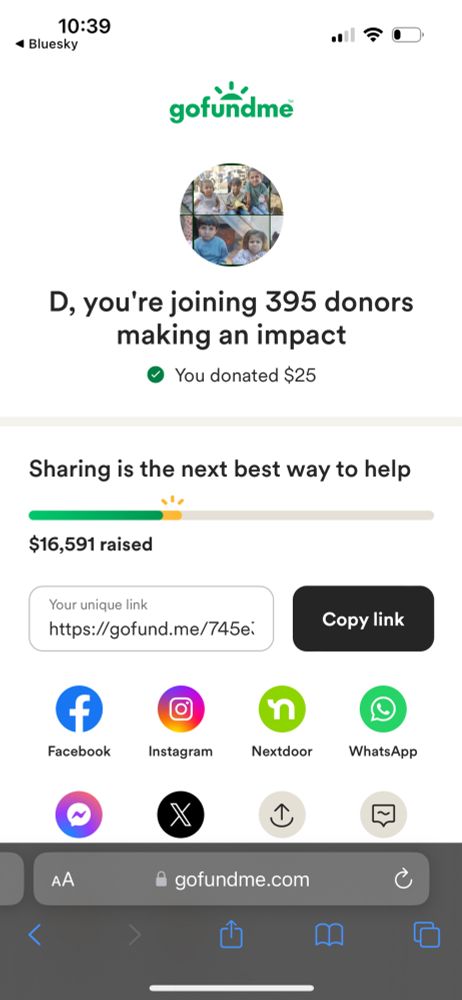 Gofundme donation receipt for $25