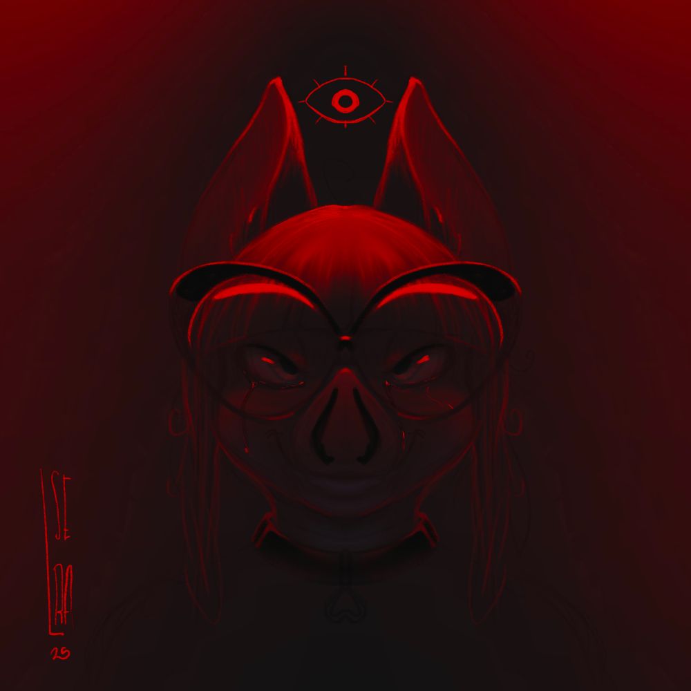 Headshot of an anthropomorphic bat girl with tears on her face and a sinister smile. A glowing red eye looms over her head which lights the scene. Representing the 'wounded seer'
