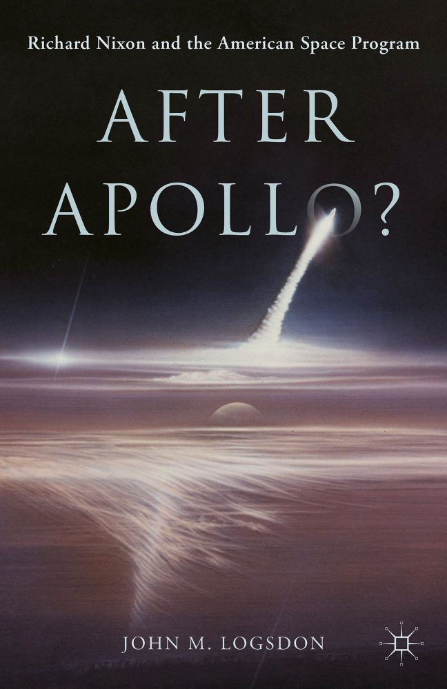 The cover of “After Apollo?” by John Logsdon, showing a distant rocket lifting off above the clouds, its plume reflected in the cloudtops below. The moon is barely visible between plume and reflection, our satellite sad (or possibly happy?) that we’d be stopping visiting during the era the book chronicles.