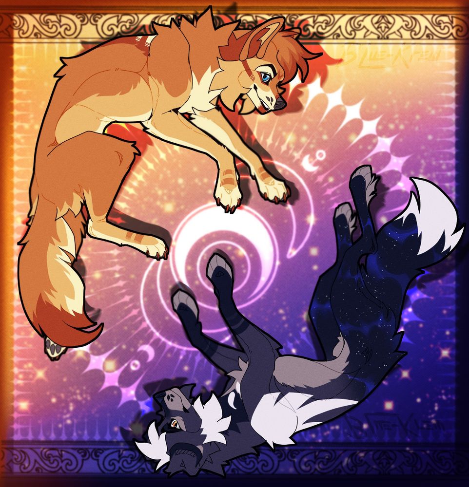 OC's depicted: Toast and Nox in an opposite sun and moon constelation because they do be complete opposites of themselves. Toast opmitistic and extroverted and Nox pesimistic and introverted. They big silly goobers