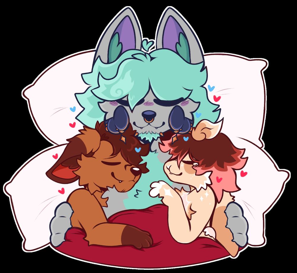 art of a throuple cuddling 
Bunnyboy 
femboy tboy boy gay
bunny rabbit fox hellhound wolf couple sticker furry anthro oc fursona fursonas characters