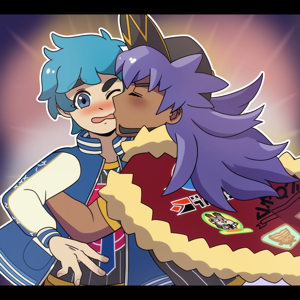 Commissioned art of my oc x canon pairing, Caesar and Leon (Pokemon Sword & Shield). Leon is leaning in to wrap his arms around Caesar and plant a kiss on his cheek; Caesar is very surprised and easily flustered by it.