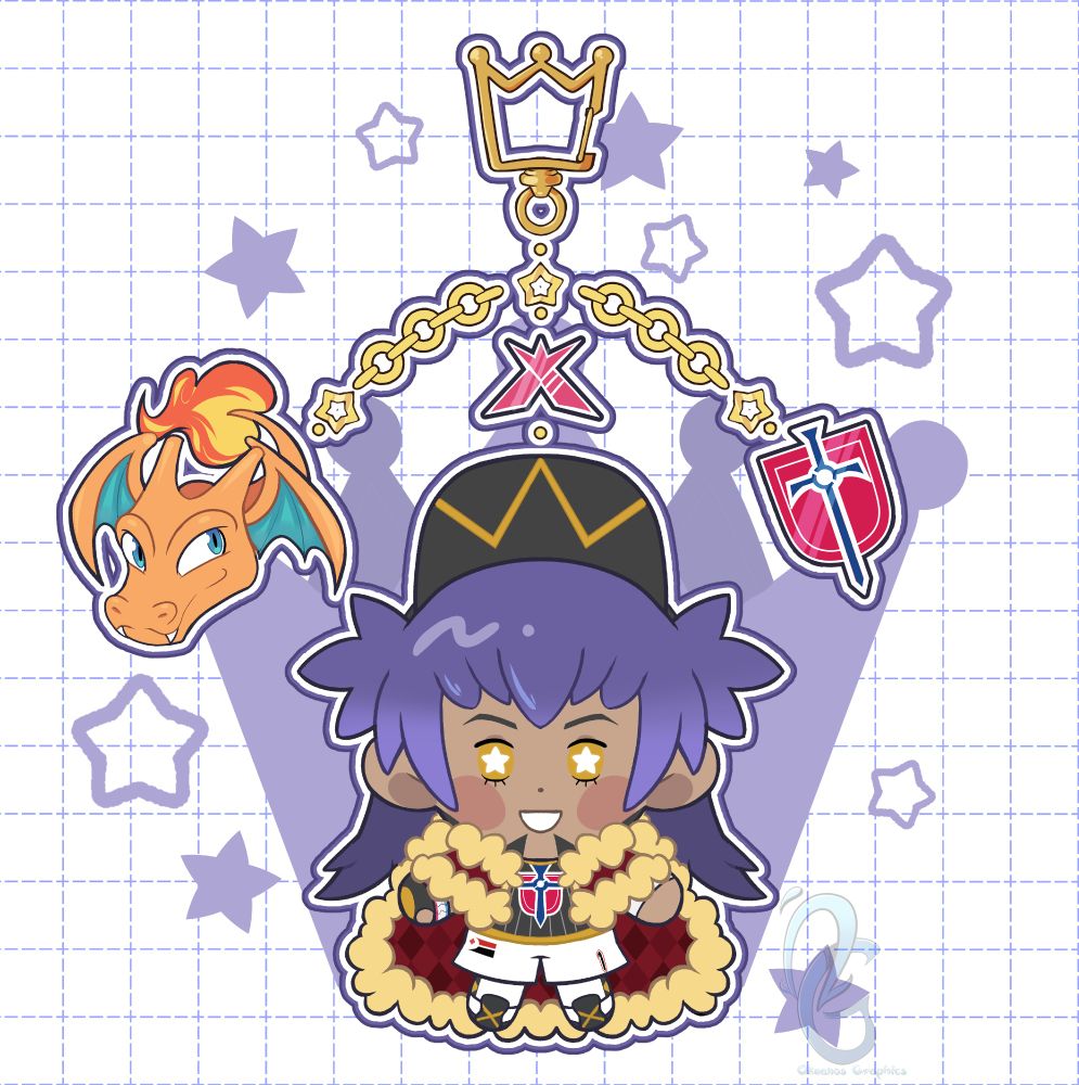 Commission done of a Leon (Pokemon Sword & Shield) keychain. There are four charms; a chibi Leon at the center, with a Dynamax symbol charm just above him, flanked by two chains connecting to a Charizard charm on the left and a charm on the right of the sword and shield emblem on Leon's jersey. The charms are connected to the chains by little star-shaped links and the pin clasp is done in the shape of a crown at the very top.