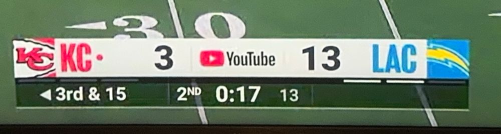 Score graphics showing the 13-3 score for Chargers against the Kansas City Chiefs