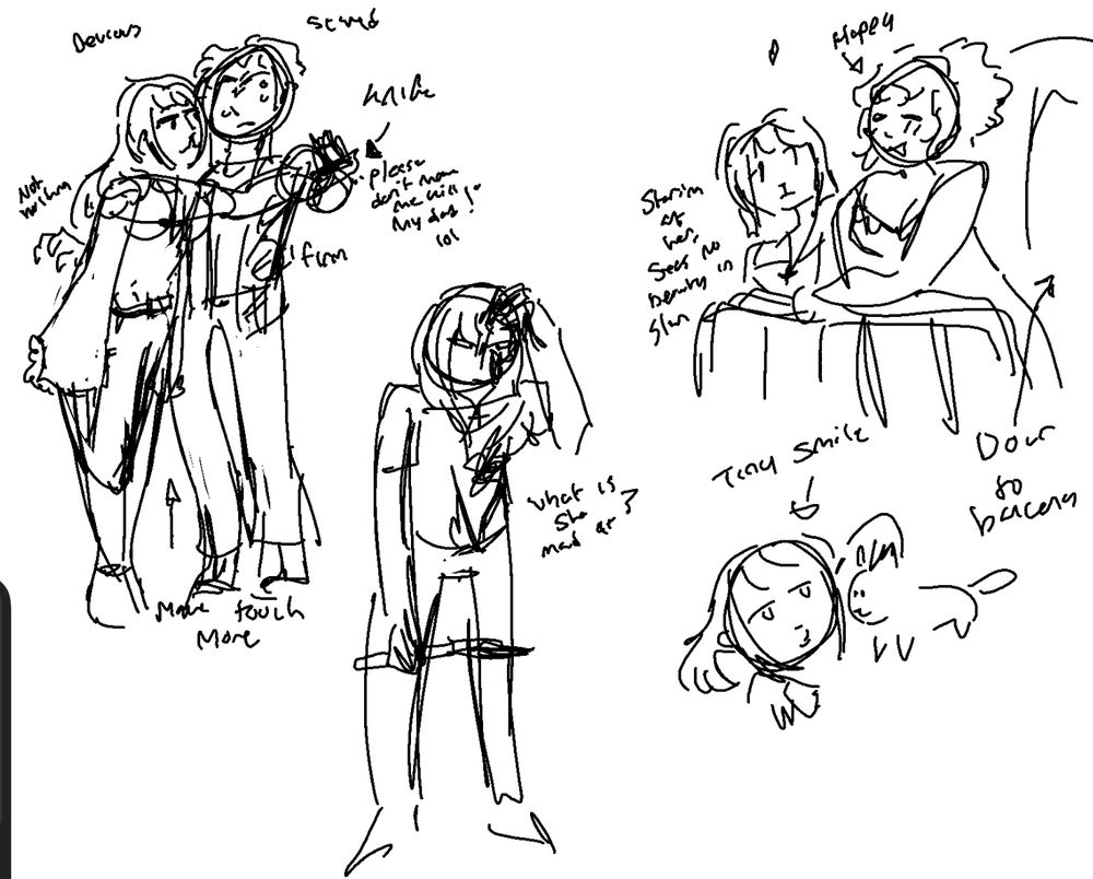 Several doodles of the same OC. In one, she is helping a scared man hold a knife. In one, she is stargazing with another girl and looking at the girl instead. In one, she is petting a cat. In the last, she is covered in blood and annoyed. 