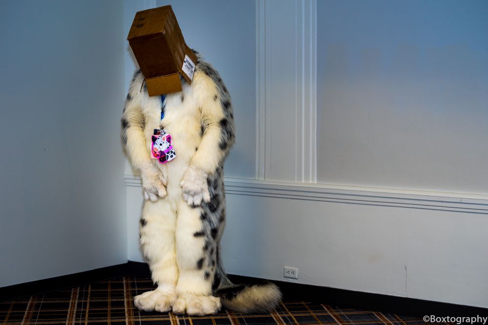 Kieran standing in a corner, alone, with a box over his head.