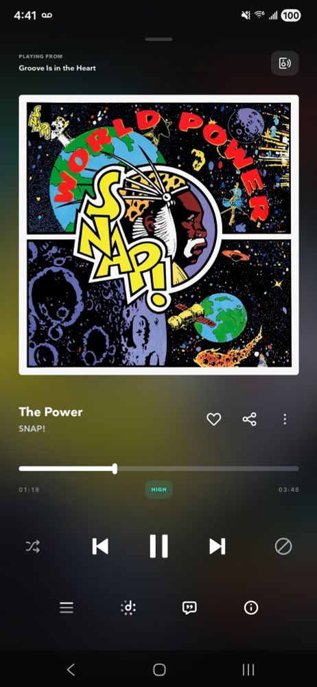 Screenshot of a music app playing The Power by SNAP!. The actual lyrics of the song are "it's gettin kinda heavy" but I can't hear it that way.