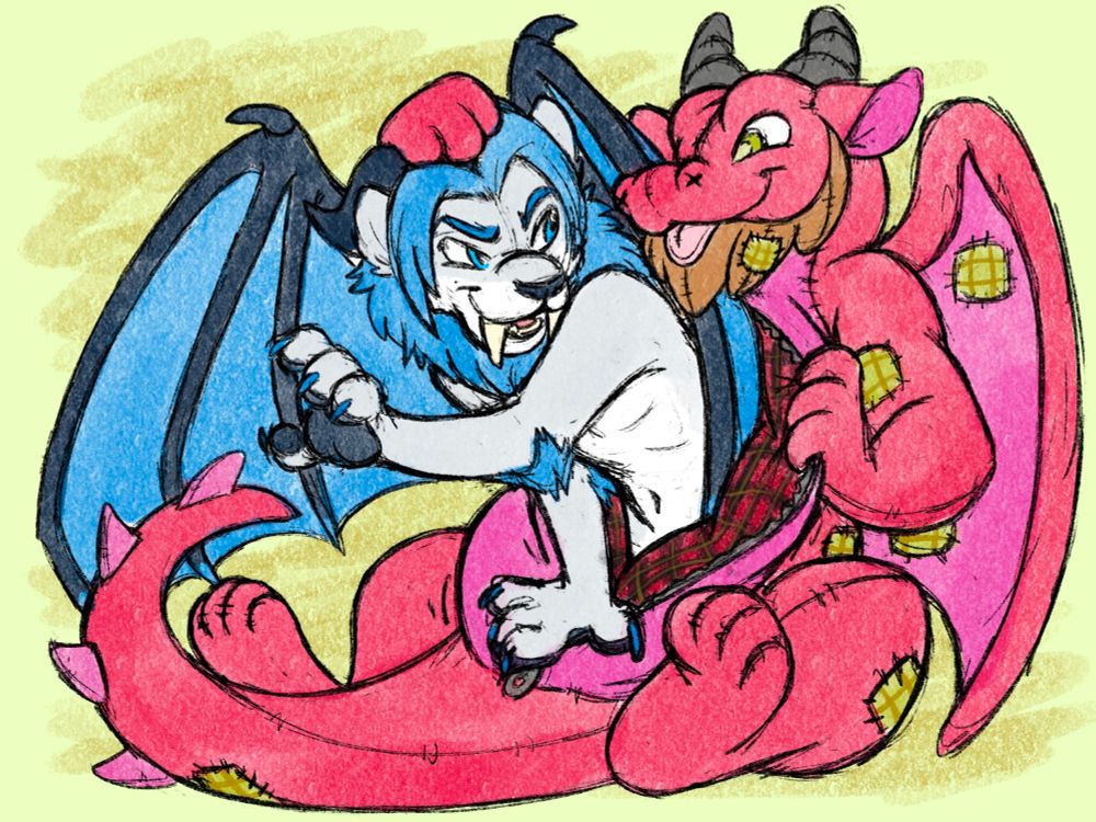 A plush red dragon dragon with plenty of patches and a belly zipper is stuffing Deth inside himself. Deth looks like he's trying to fight it, but has a grin. Both look like they're enjoying the interesting and what will result
